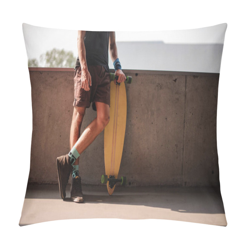 Personality  Young Man Standing Leaning On The Parapet And Holding A Longboard Pillow Covers