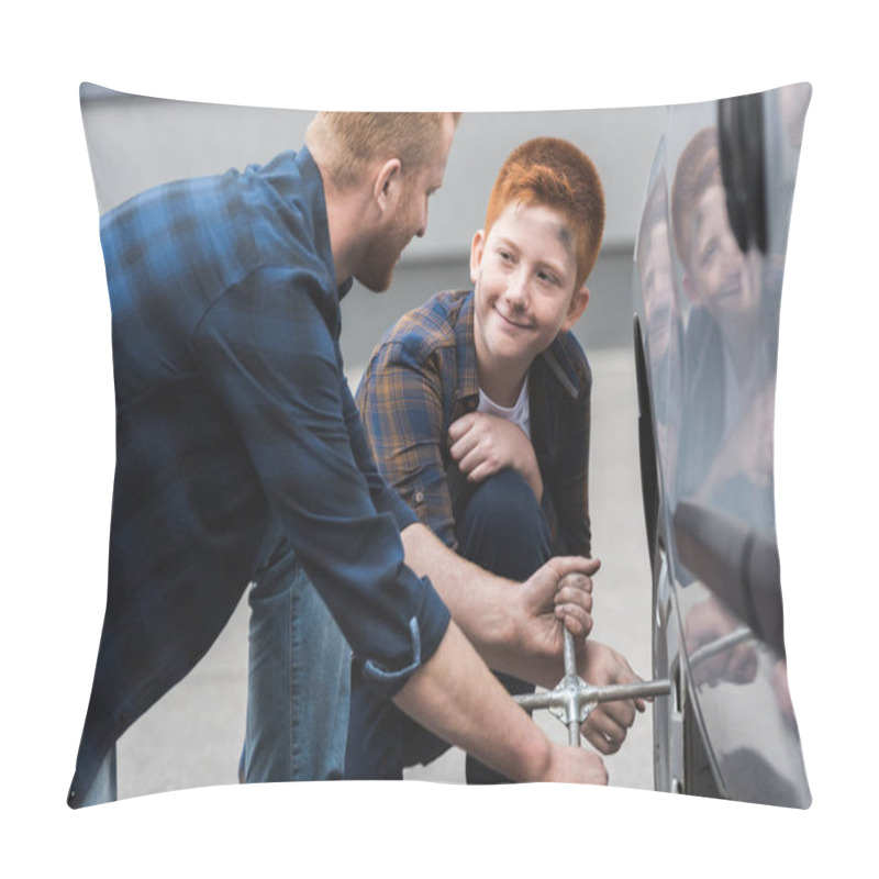 Personality  Ginger Hair Father And Son Changing Tire In Car With Wheel Wrench  Pillow Covers