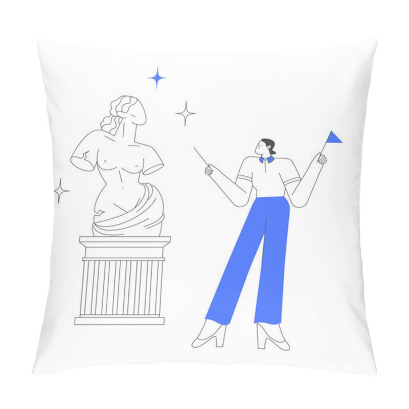 Personality  Female Tour Guide Holding Tools And Pointing At A Historical Statue, Symbolizing Museum Tours, History, And Art Appreciation In Cultural Settings. Pillow Covers