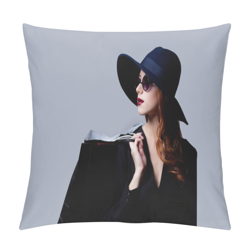 Personality  Girl In Dark Style In Sunglasses With Shopping Bags On Grey Background  Pillow Covers