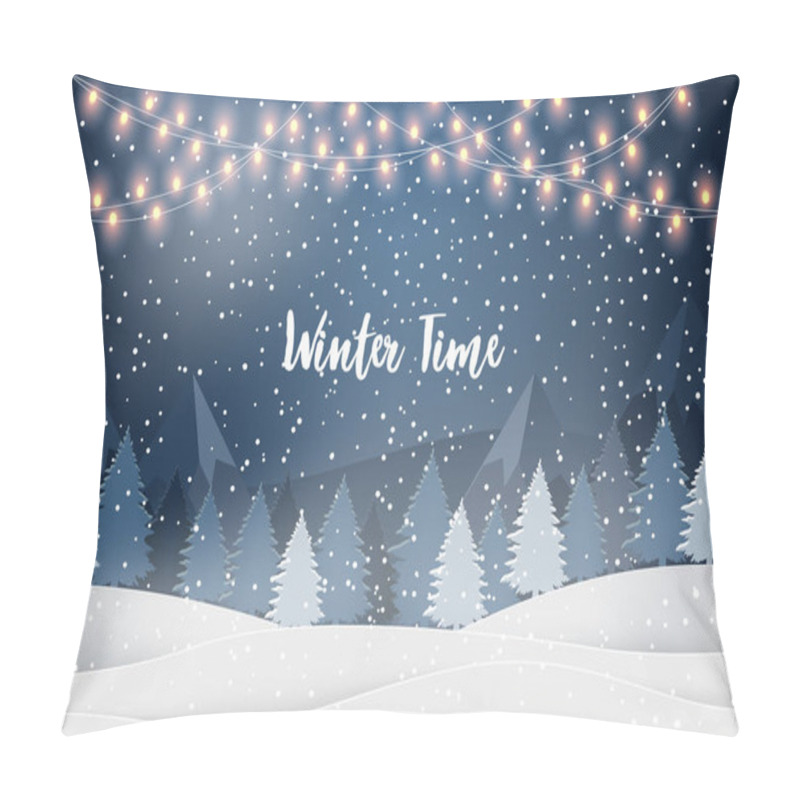 Personality  Winter Time. Holiday Winter Landscape For New Year Holidays With Firs, Light Garlands, Falling Snow. Christmas Vector Background. Pillow Covers