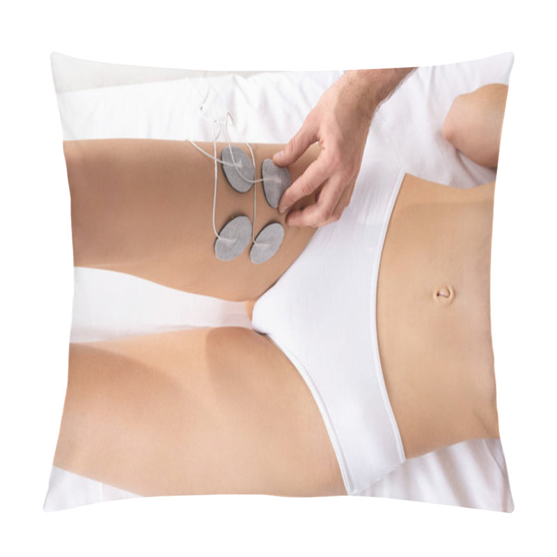 Personality  Top View Of Doctor Setting Electrodes Of Patient Leg On Massage Couch In Clinic  Pillow Covers