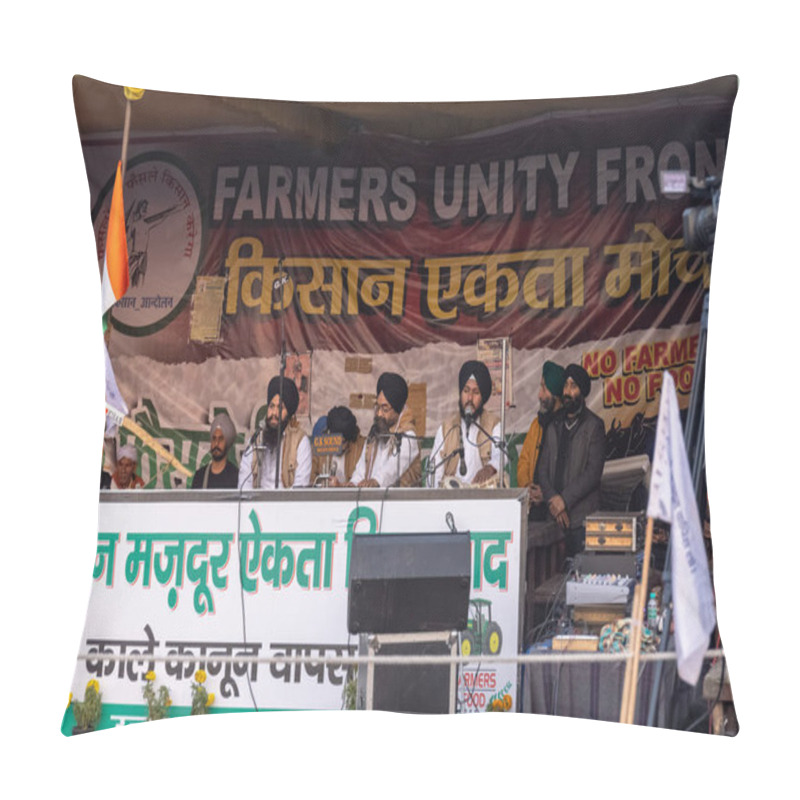 Personality  GHAZIABAD, UTTAR PRADESH, INDIA - JANUARY 2021 : Indian Sikh Farmers Protesting Against The New Farm Bill Laws At Ghazipur Border Near Delhi. Farmers Across India Protesting Against The Farm Bill. Pillow Covers