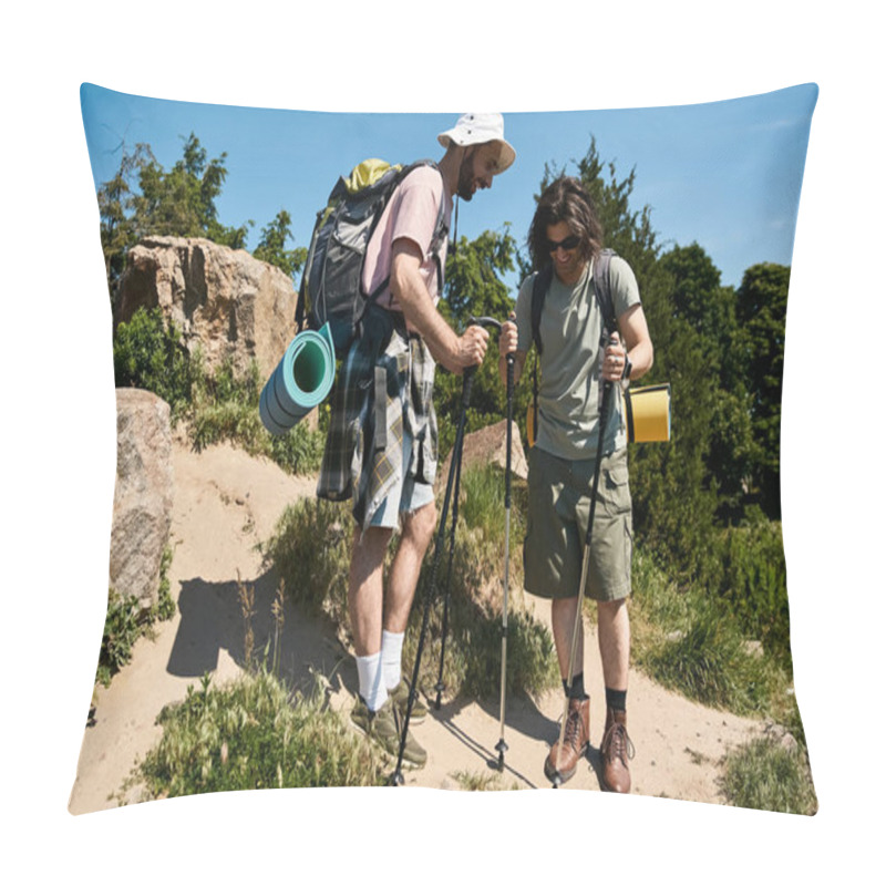 Personality  A Gay Couple Enjoys A Sunny Summer Hike In The Wilderness, Walking Along A Dirt Path With Hiking Poles And Backpacks. Pillow Covers