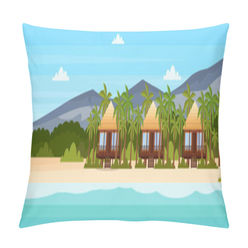 Personality  Tropical Island With Villa Bungalow Hotel On Beach Seaside Mountain Green Palms Landscape Summer Vacation Concept Flat Horizontal Banner Pillow Covers