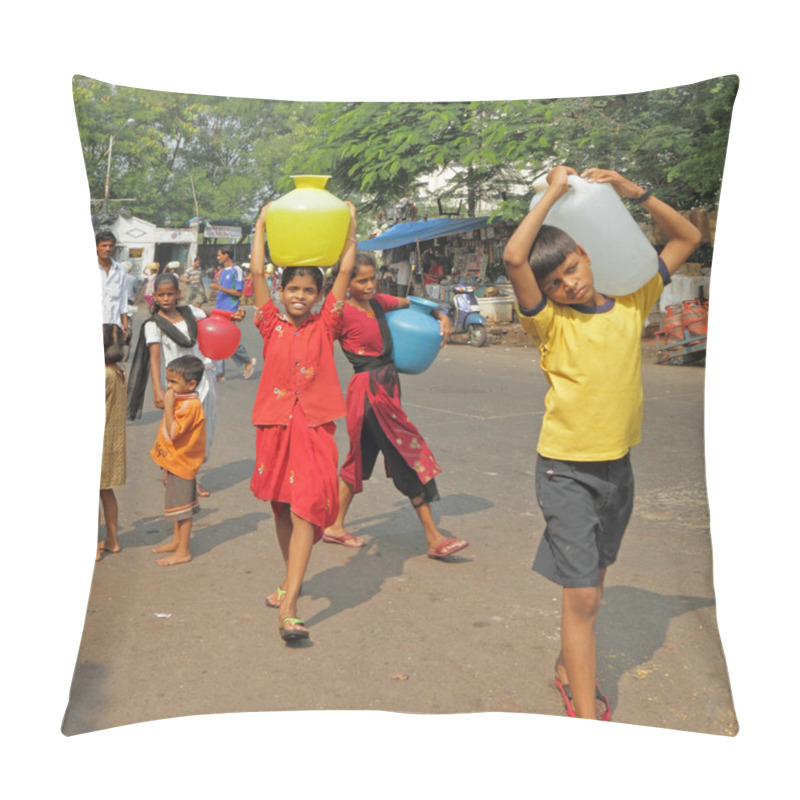 Personality  MUMBAI,INDIA-NOVEMBER 26:Children Carrying Water On Nov.26, 2010 Pillow Covers