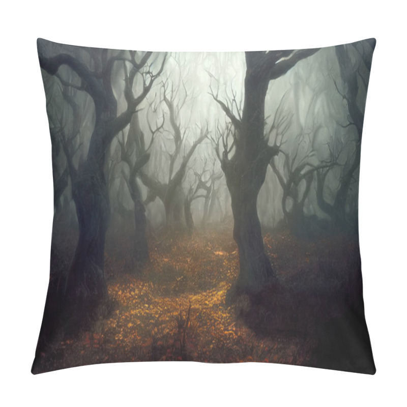 Personality  Dark Fairy Tale Forest, Twisted Trees With Bare Branches, Dark Creepy Atmosphere And Mysterious Fog. 3D Digital Illustration Pillow Covers