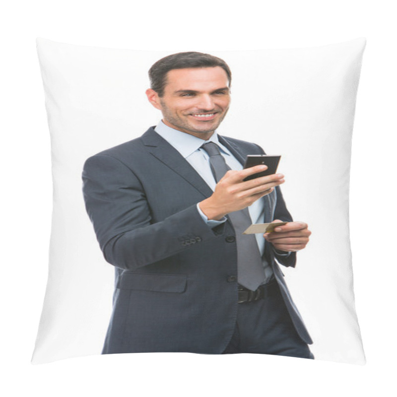 Personality  Half Length Portrait Of A Smiling Businessman Holding Mobile Phone And Credit Card Pillow Covers