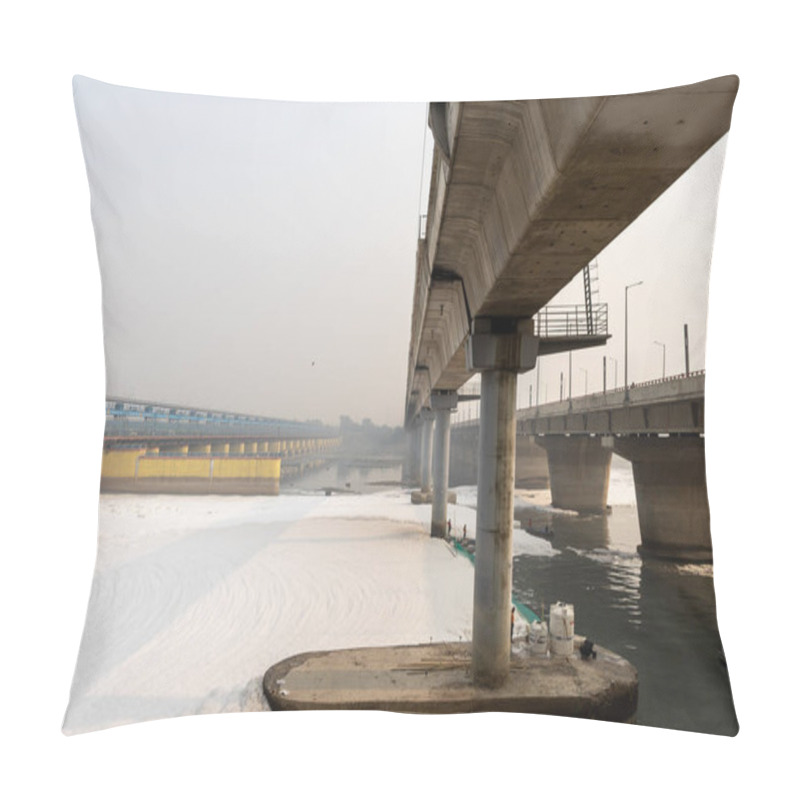 Personality  Polluted River With Industrial And Domestic Effluents Toxic Foam And Road Bridge At Morning Image Is Taken At Yamuna River Okhla Barrage Delhi India. Pillow Covers