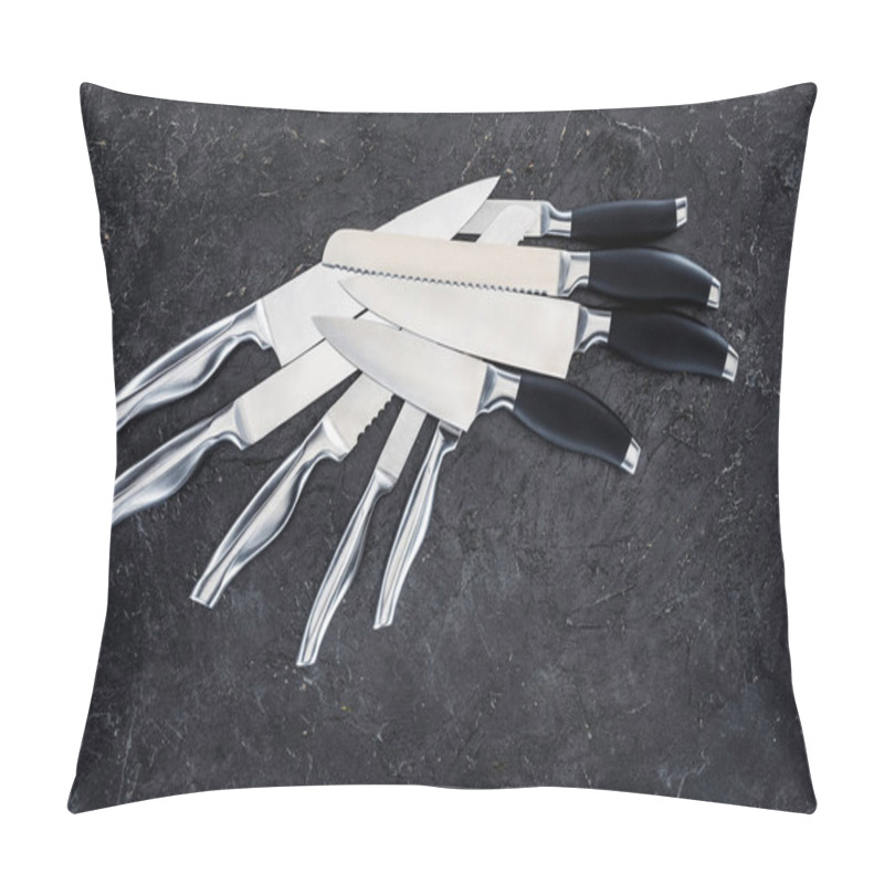 Personality  Set Of Various Kitchen Knives Arranged On Black, Top View   Pillow Covers