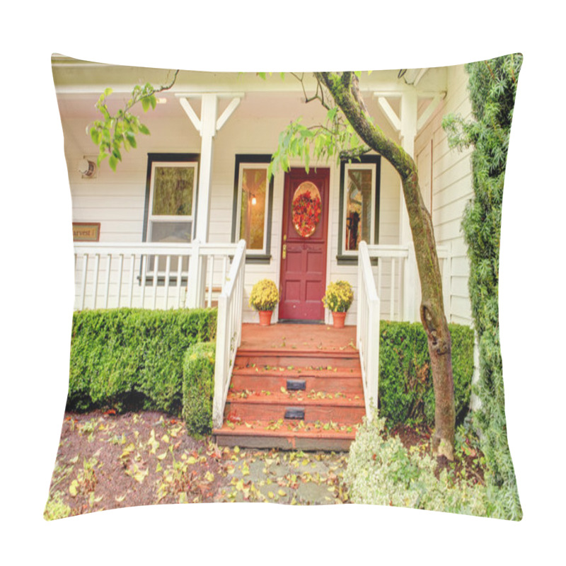 Personality  White Farm House With Red Door During Fall. Pillow Covers