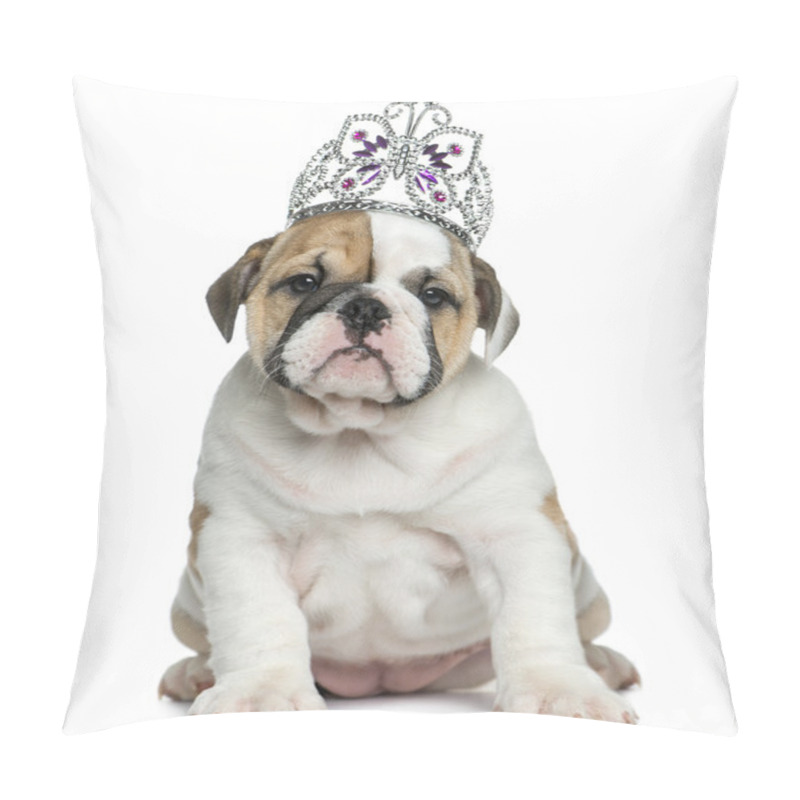 Personality  English Bulldog Puppy Wearing A Diadem In Front Of White Backgro Pillow Covers