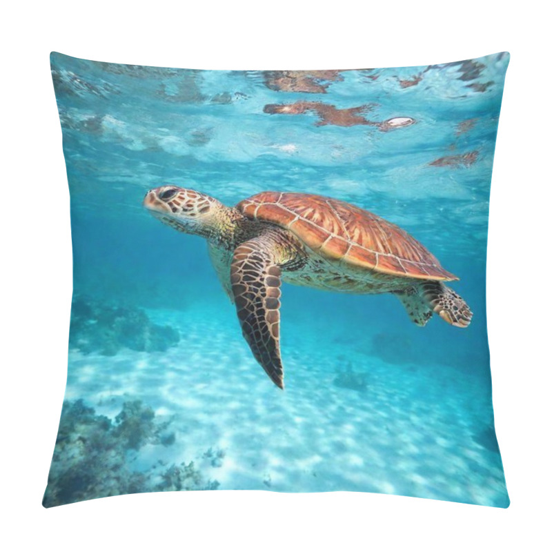 Personality  An Ultra-realistic Full Shot Photo Of A Sea Turtle Swimming Gracefully Through Crystal-clear Water, Captured At Shoulder Level With Deep Focus To Highlight The Detailed Patterns On Its Shell And The Vibrant Underwater Environment. Pillow Covers