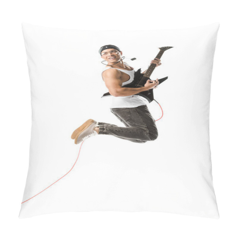 Personality  Cheerful Young Man Jumping And Playing On Electric Guitar Isolated On White Pillow Covers