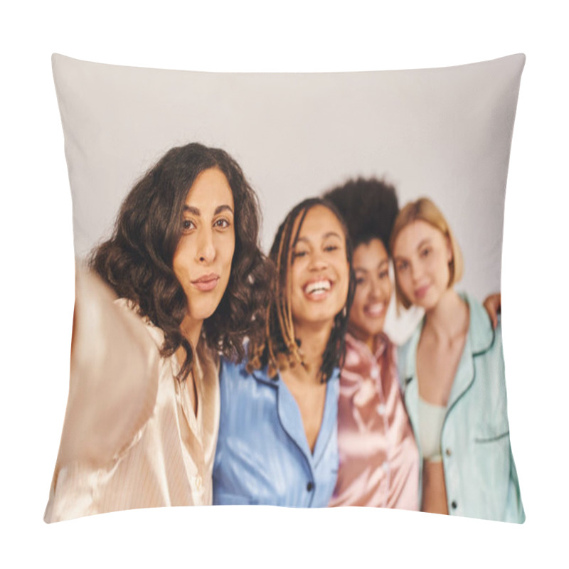 Personality  Multiracial Woman In Pajama Looking At Camera While Standing Near Cheerful And Blurred Multiethnic Girlfriends At Home During Slumber Party, Bonding Time In Comfortable Sleepwear Pillow Covers