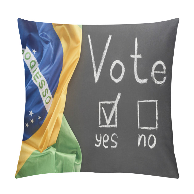 Personality  Top View Of White Vote Lettering And Check Mark Near Yes Word On Black Chalkboard Near Flag Of Brazil Pillow Covers