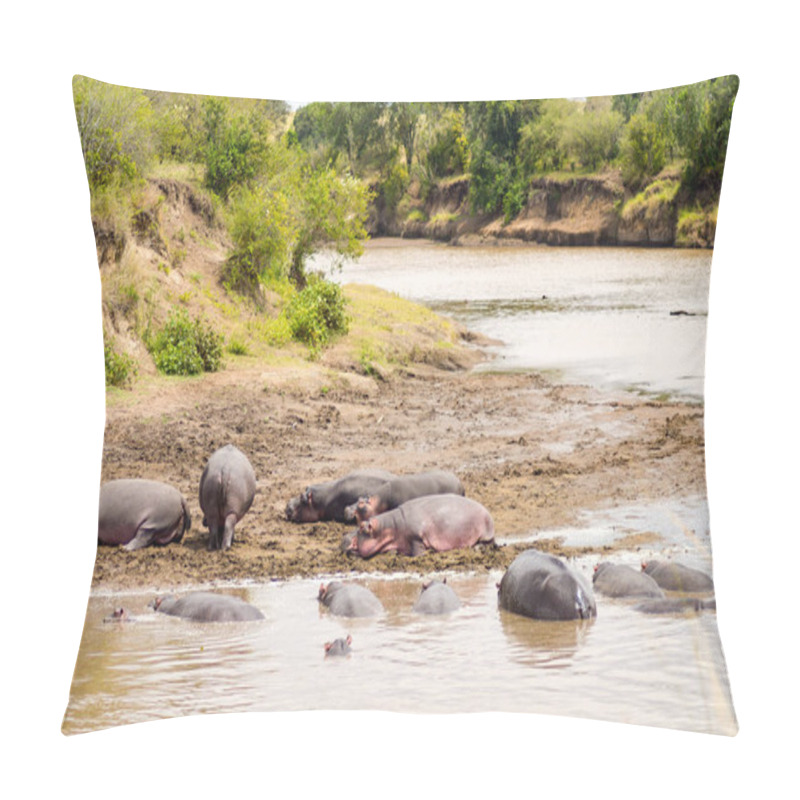 Personality  Herds Of Hippopotamuses In The Mara River Of Masai Mara Park In  Pillow Covers