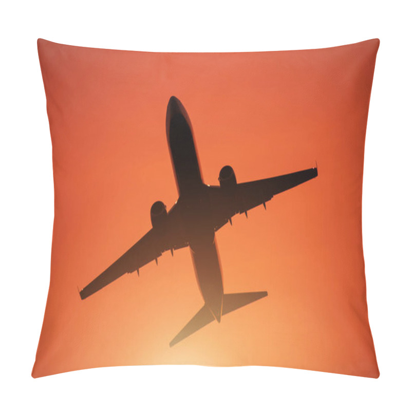 Personality  Air Travel Theme. Passenger Commercial Airplane During Take Off From Local Airport. Reddish Sunset Sky. Pillow Covers