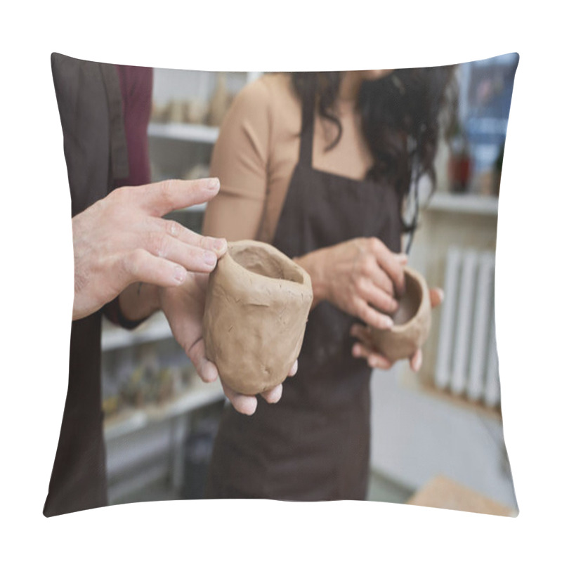 Personality  A Couple Joyfully Shapes Pottery In A Contemporary Studio Environment. Pillow Covers