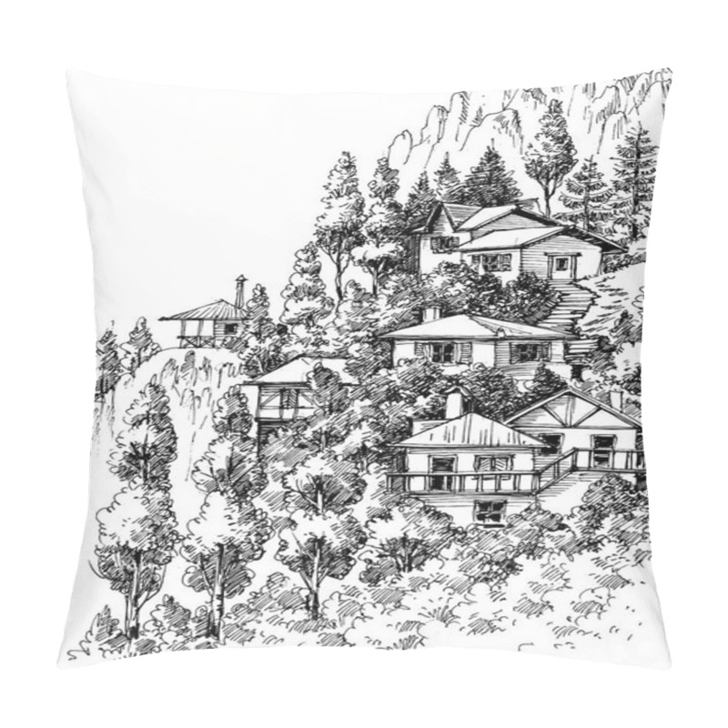 Personality  Mountain Village Sketch, Pencil Drawing Pillow Covers