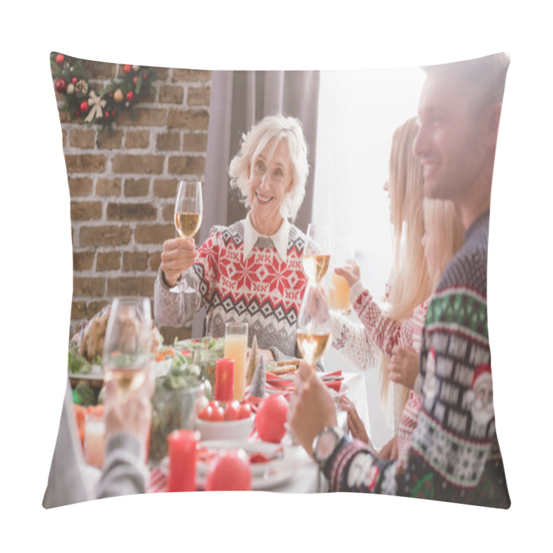 Personality  Selective Focus Of Family Members Sitting At Table And Holding Wine Glasses In Christmas  Pillow Covers