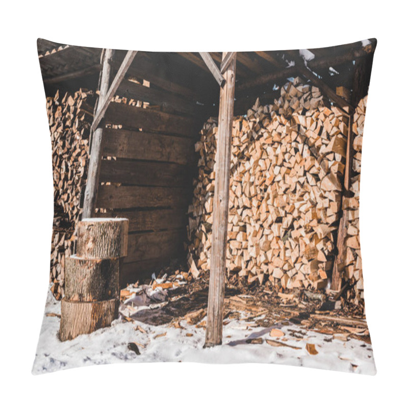 Personality  Pile Of Firewood In Wooden Building At Sunny Day In Winter Pillow Covers