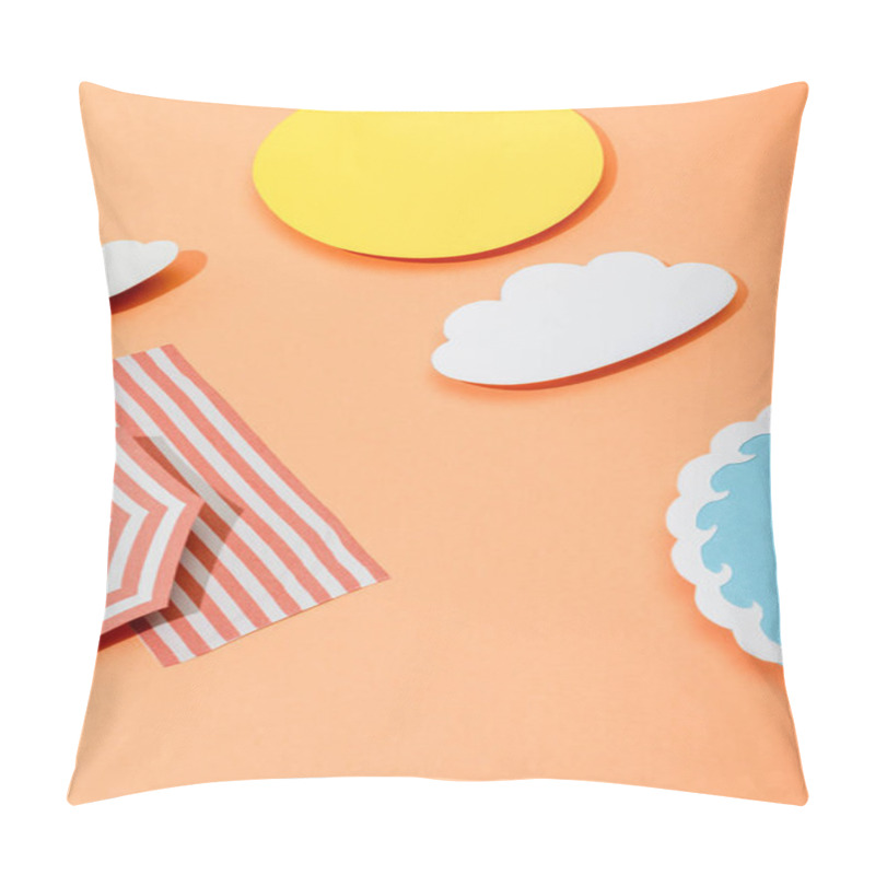 Personality  Paper Cut Sun, Clouds, Sea Wave, Beach Umbrella And Blanket On Orange Background Pillow Covers