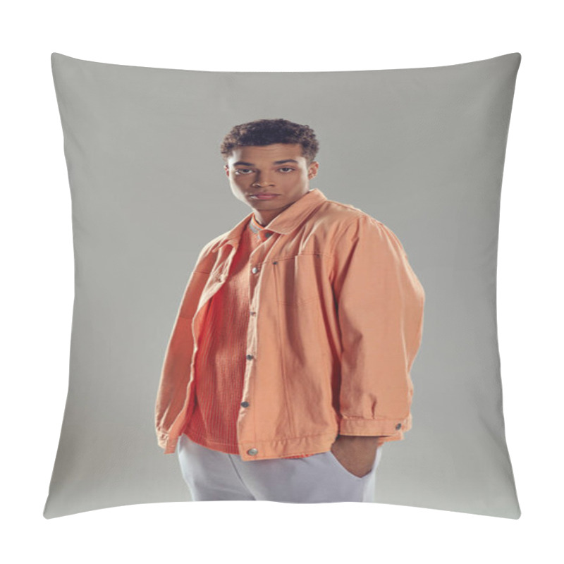 Personality  Stylish Man In Peach Shirt Standing Against Grey Wall, Showcasing His Impeccable Fashion Sense Pillow Covers