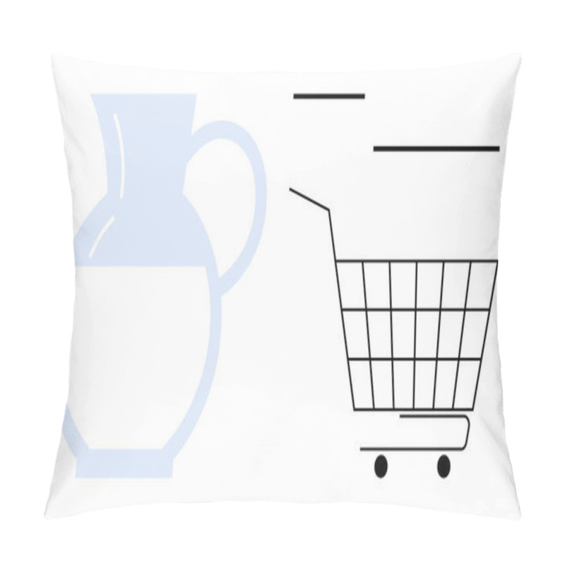 Personality  Blue Water Jug And Black Shopping Cart Outline In Minimalist Style. Ideal For Shopping, Drinking Water, E-commerce, Kitchenware, And Simplicity Themes. Clean And Modern Design Pillow Covers