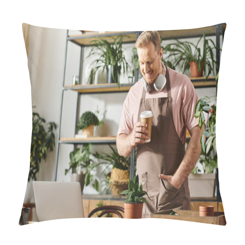 Personality  A Man In A Plant Shop Stands With A Laptop, Holding A Cup Of Coffee As He Begins His Work Day. Pillow Covers