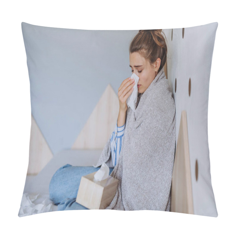 Personality  Sick Woman Sitting In A Bed, Having A Cold. Pillow Covers