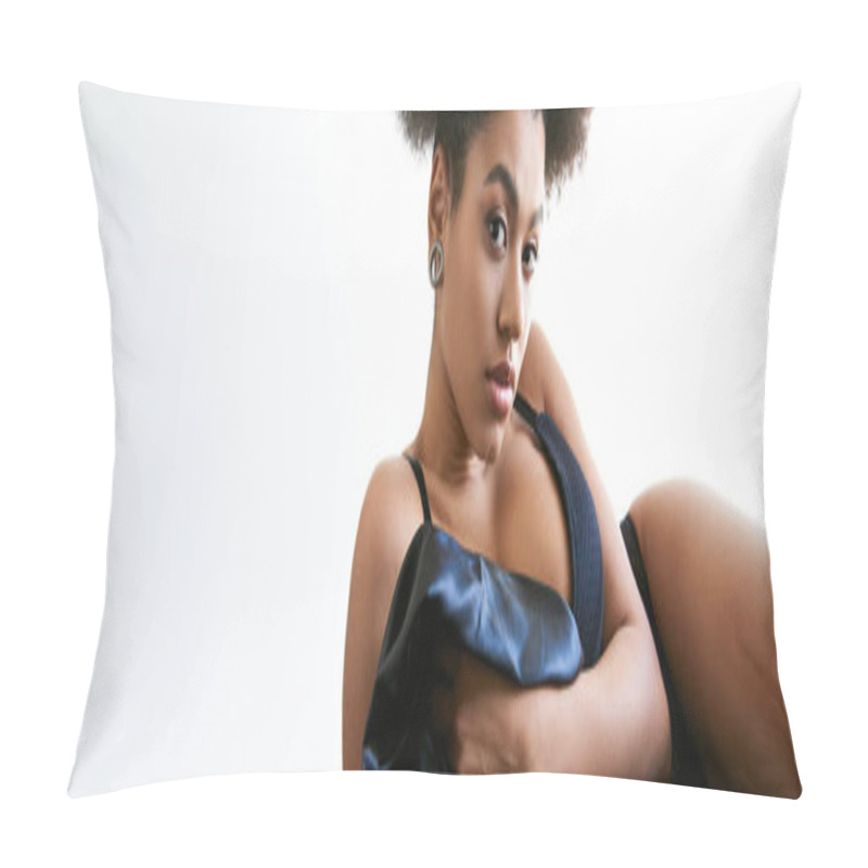 Personality  Top View Of Sexy African American Woman In Lingerie Reclining On Bed And Looking At Camera, Banner Pillow Covers