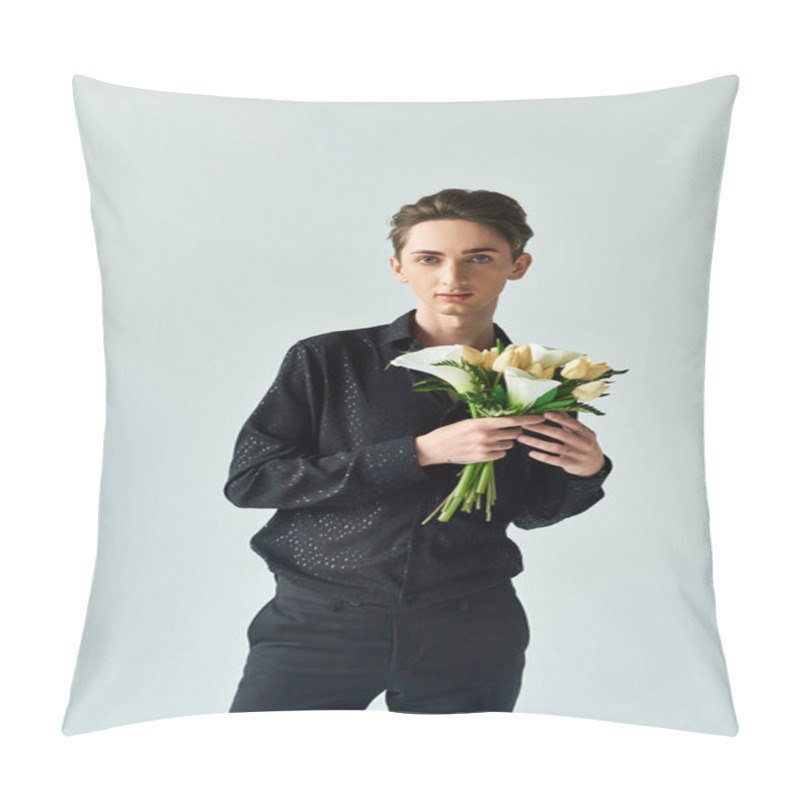 Personality  A Young Queer Person Stands Confidently, Holding A Vibrant Bouquet Of Flowers, Celebrating Love, Diversity, And Pride. Pillow Covers