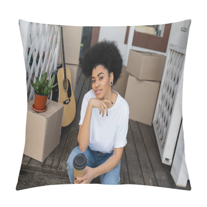 Personality  Smiling African American Woman Holding Coffee To Go And Sitting Near Carton Boxes And New House Pillow Covers