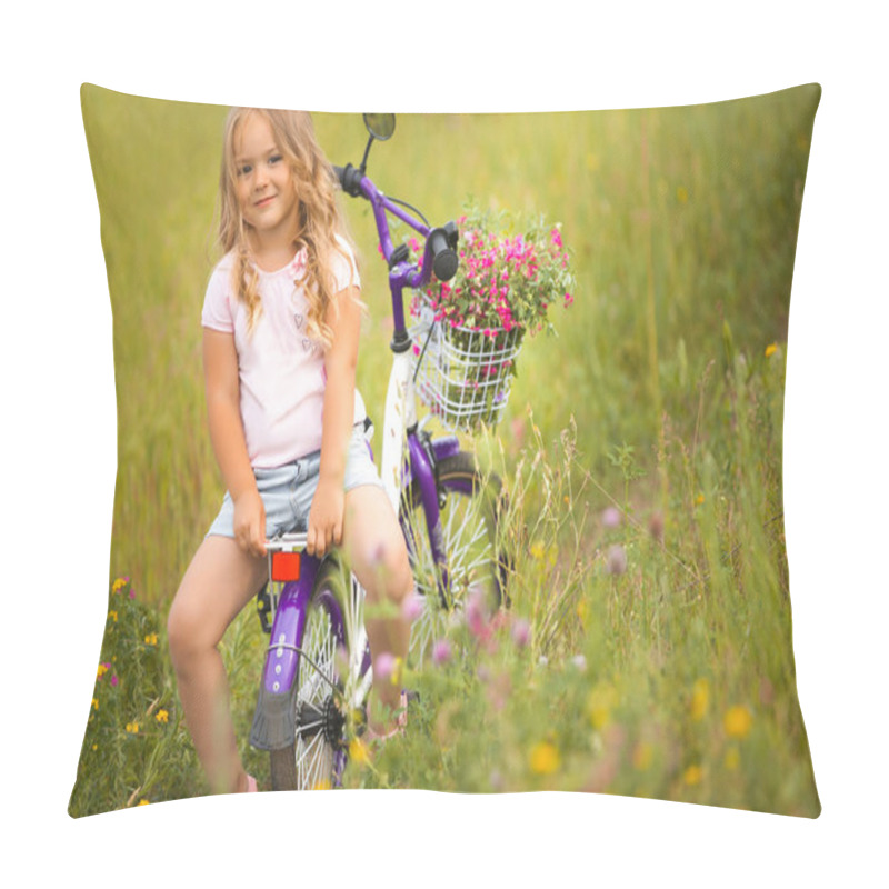 Personality  Little Cute Girl Riding A Bike With Basket Full Of Flowers. Chee Pillow Covers