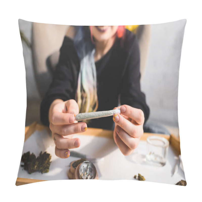 Personality  Cropped View Of Girl Presenting Joint With Medical Cannabis Pillow Covers