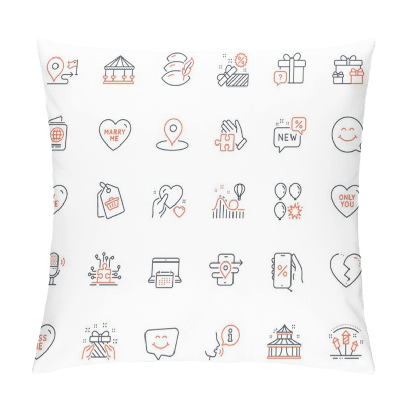 Personality  Holidays Icons Set. Included Icon As Fireworks Rocket, Gps And Broken Heart Web Elements. Carousels, Surprise Boxes, Discounts App Icons. Smile Face, Circus, Marry Me Web Signs. Pillow. Vector Pillow Covers