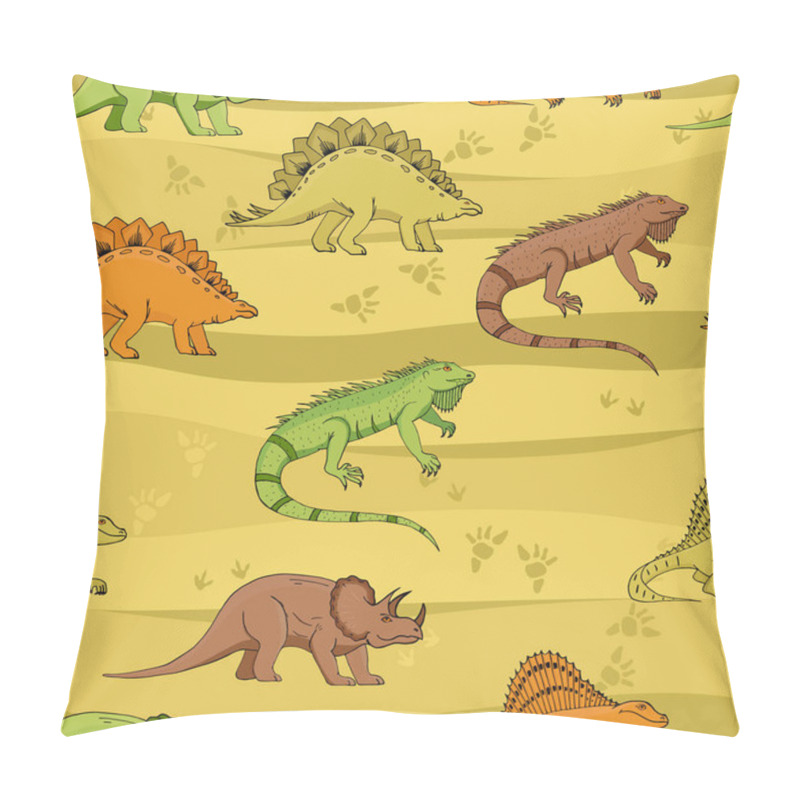 Personality  Dino Seamless Pattern, Cute Cartoon Hand Drawn Dinosaurs Doodles Vector Illustration. Ideal For Wallpaper, Textile, Wrapping Paper Design. Pillow Covers