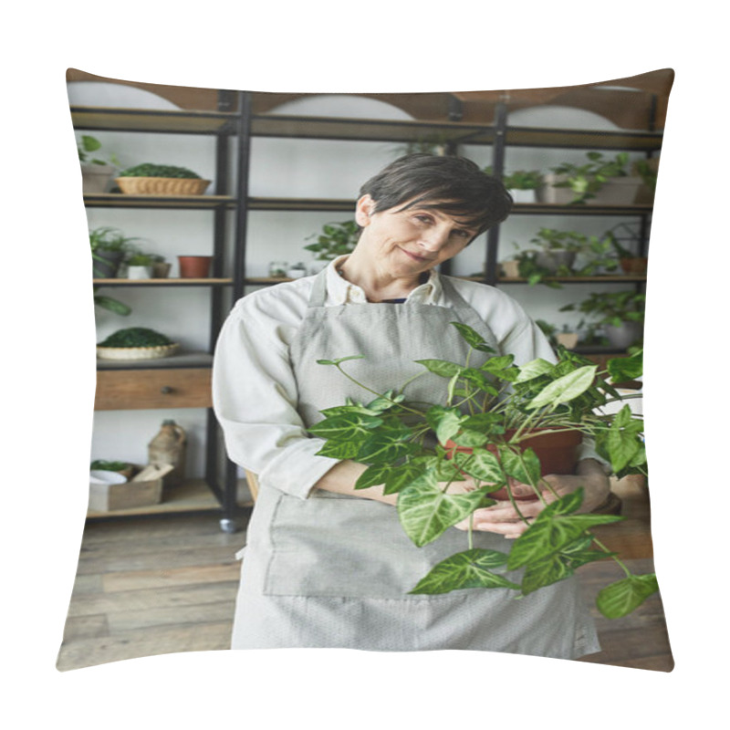 Personality  A Woman Lovingly Cares For Her Plants In A Tranquil Garden Setting. Pillow Covers