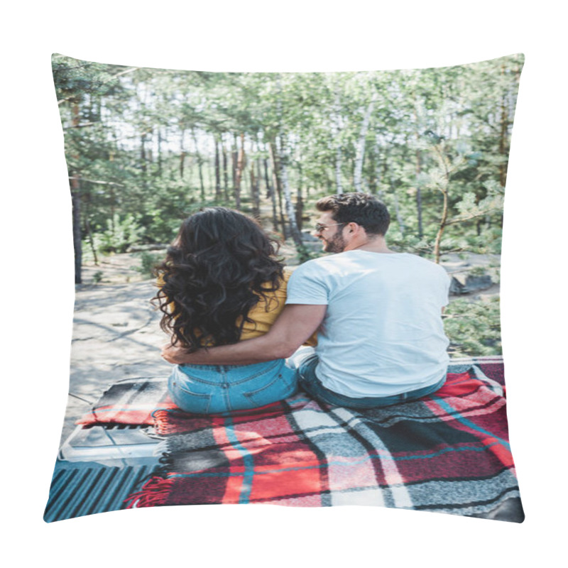 Personality  Back View Of Man And Woman Hugging While Sitting In Woods  Pillow Covers