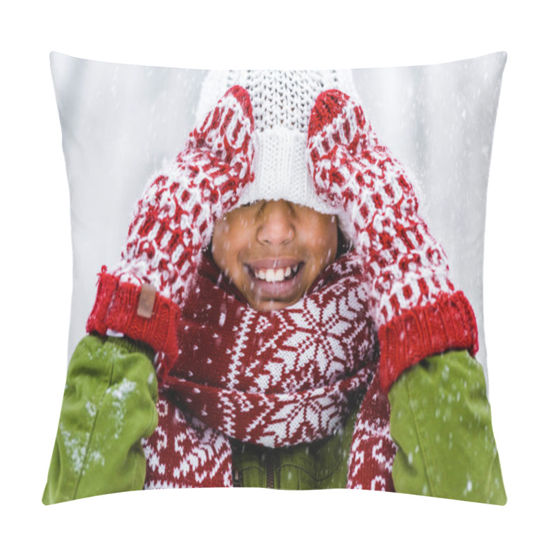 Personality  Cute African American Child With Knitted Hat Pulled Over Eyes Smiling During Snowfall Pillow Covers