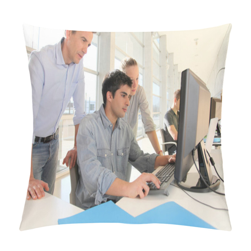 Personality  Students With Teacher In Front Of Desktop Computer Pillow Covers