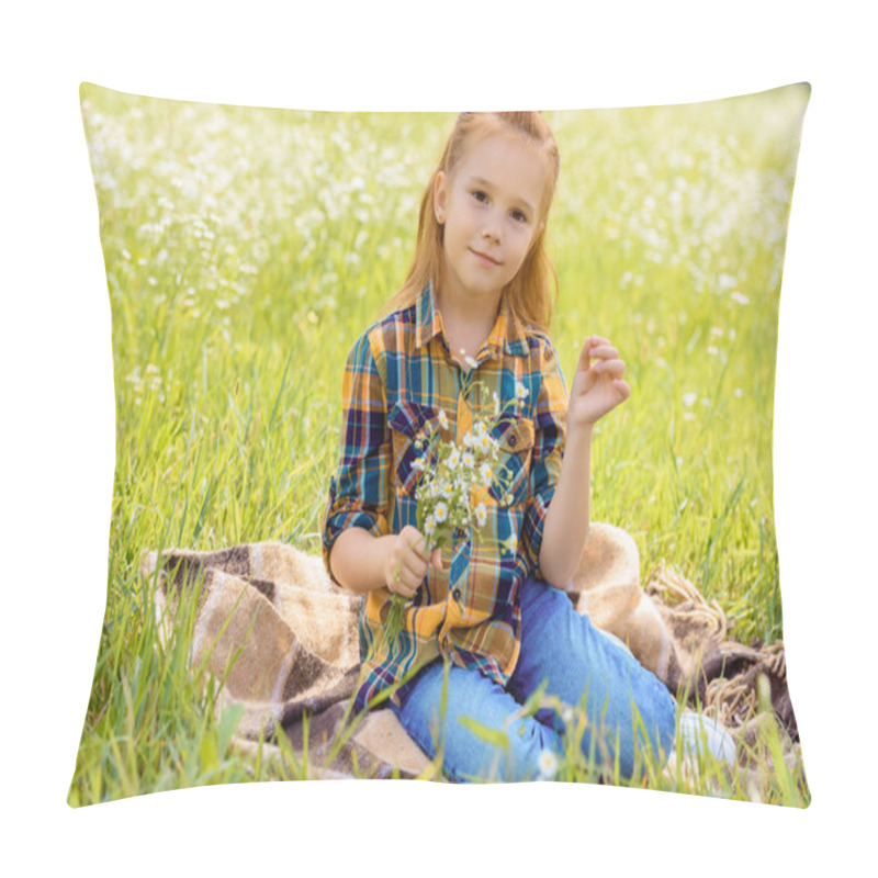 Personality  Smiling Child With Bouquet Of Wild Flowers Resting In Meadow Pillow Covers