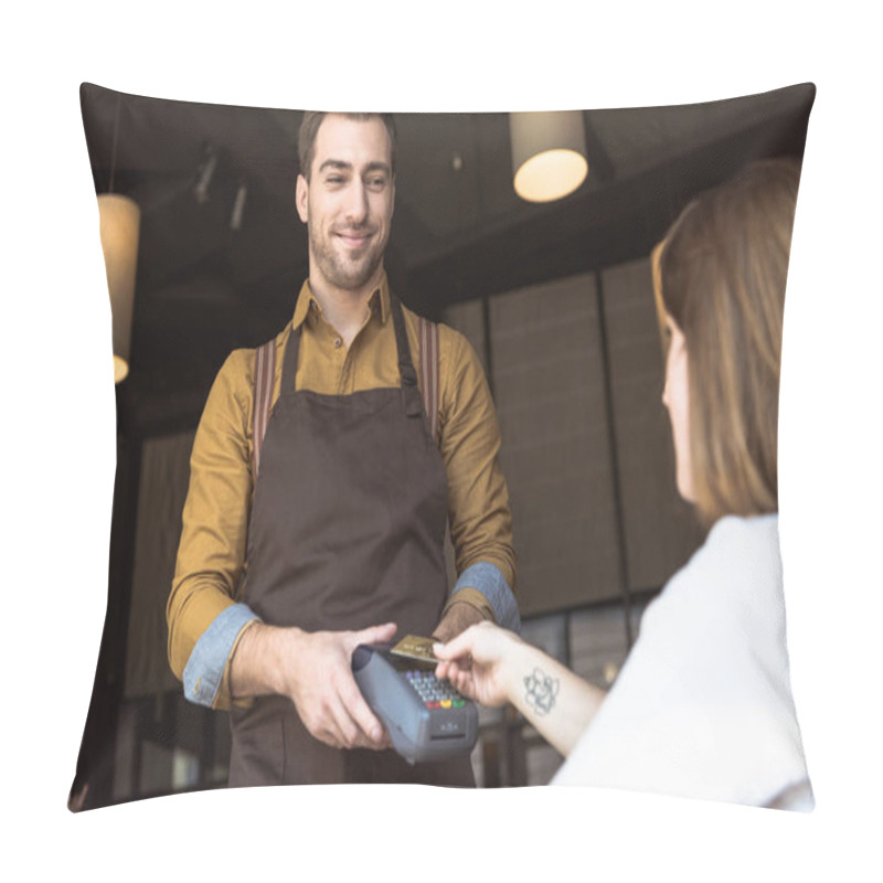 Personality  Happy Young Waiter Holding Payment Terminal While Client Doing Contactless Purchase With Credit Card In Cafe Pillow Covers