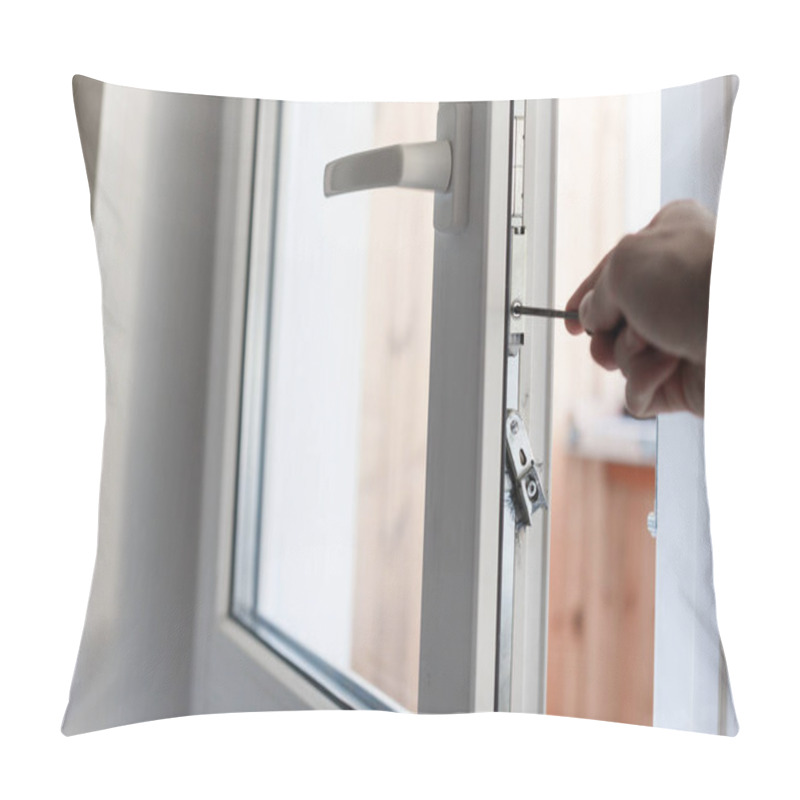 Personality  Mans Hand Uses Screwdriver For Adjustment Of Hardware Of The UPVC Door Mechanism. Pillow Covers