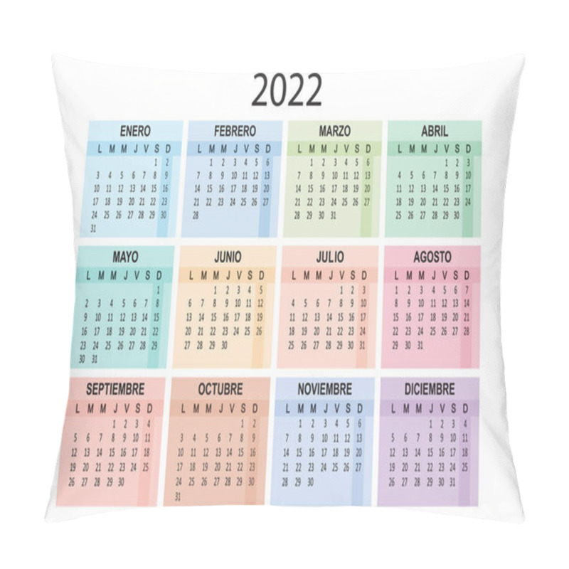 Personality  Spanish 2022 Year Calendar. Week Starts On Lunes Monday. Vector Illustration Pillow Covers