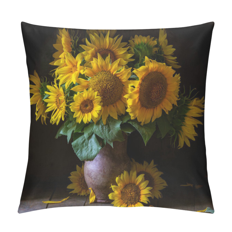 Personality  Beautiful Yellow Sunflower Still Life Bouquet  In A Clay Jug Ceramic Rustic Style Oil Honey Dark Photo Background Wooden Table Vintage. Retro. Low Key Autumn Flowers Pillow Covers