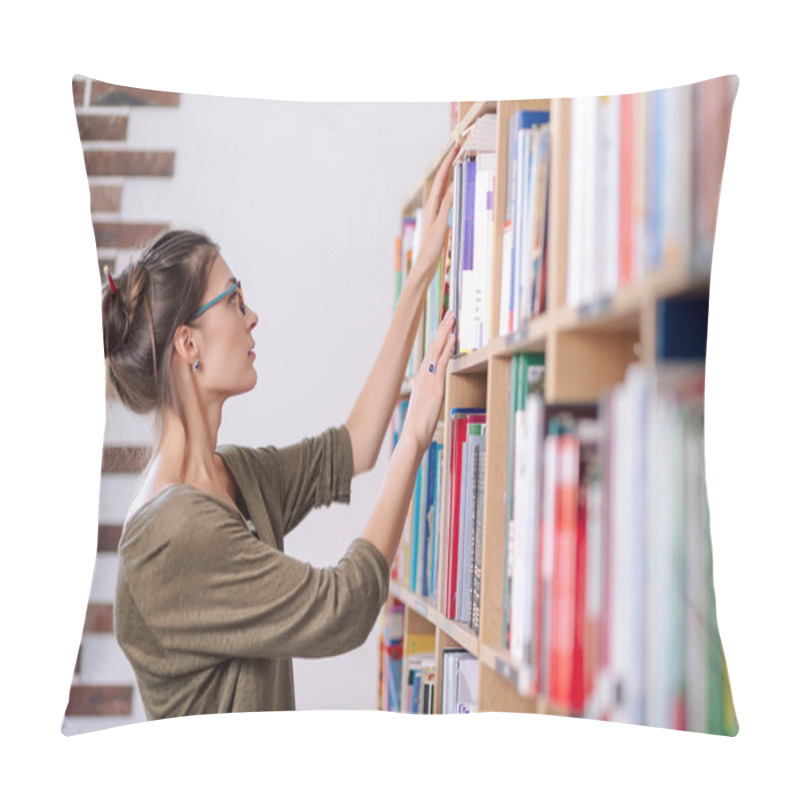 Personality  Young Woman Wearing Glasses Looking For A Book On A Bookshelf, I Pillow Covers