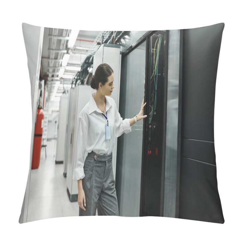 Personality  A Skilled IT Specialist Works With Computer Systems In A Contemporary Server Room. Pillow Covers