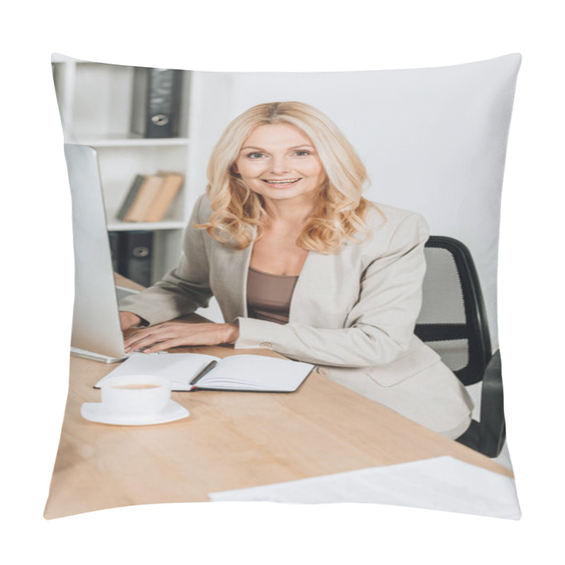 Personality  Cheerful Mature Businesswoman Using Desktop Computer And Smiling At Camera In Office Pillow Covers